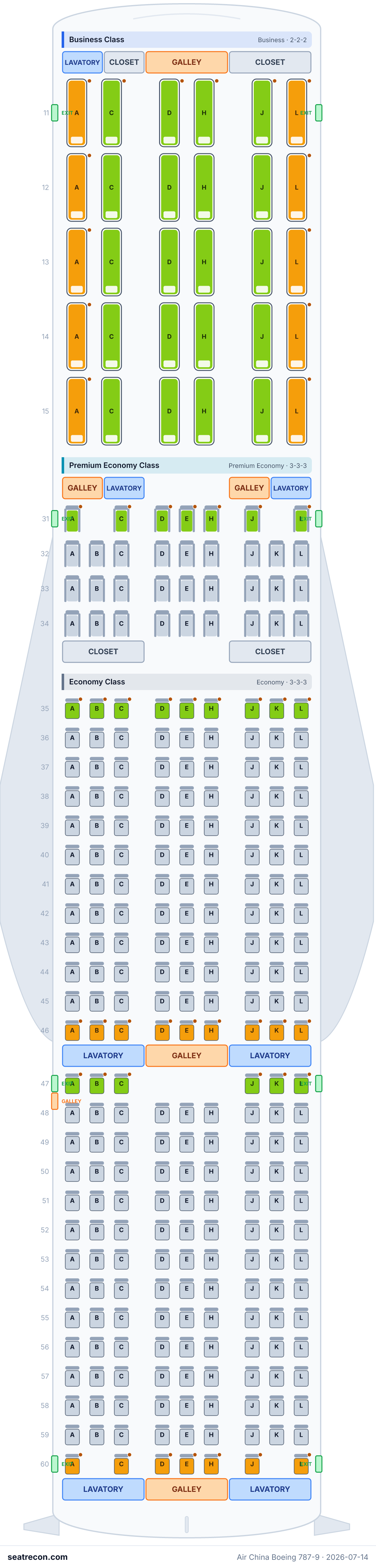 Air China Boeing 787-9 seat map diagram — Business Class, Premium Economy Class, Economy Class (293 seats)