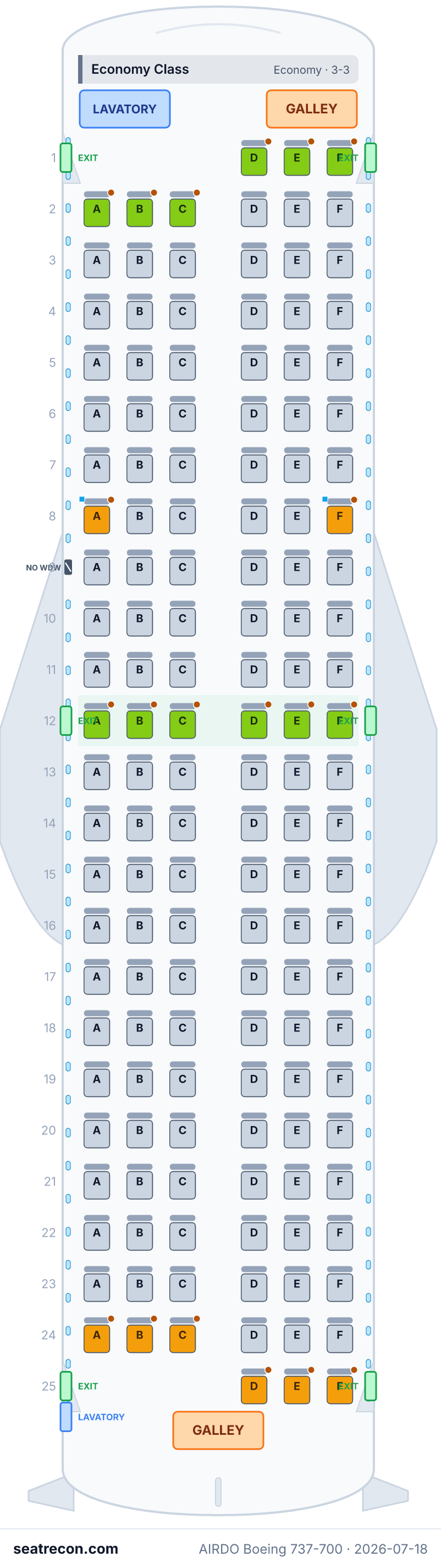 AIRDO Boeing 737-700 seat map diagram — Economy Class (144 seats)