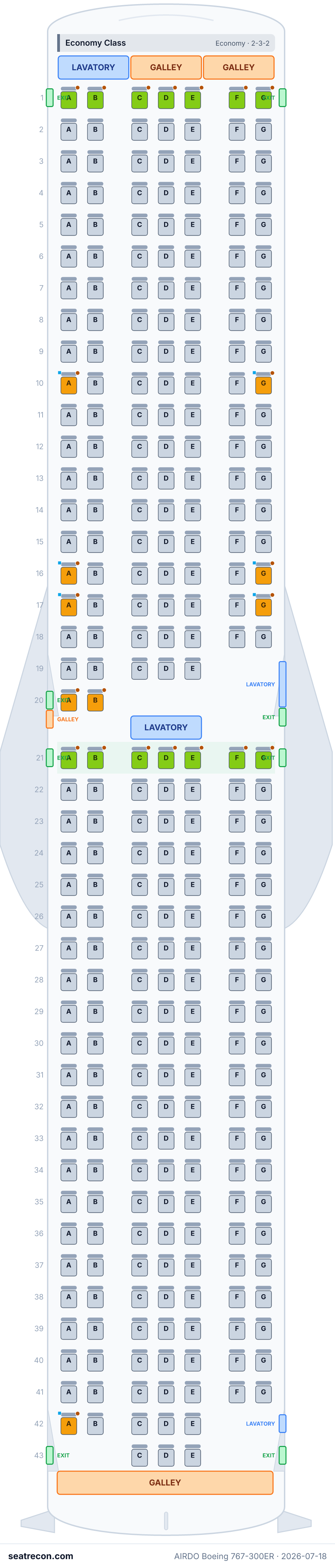 AIRDO Boeing 767-300ER seat map diagram — Economy Class (288 seats)