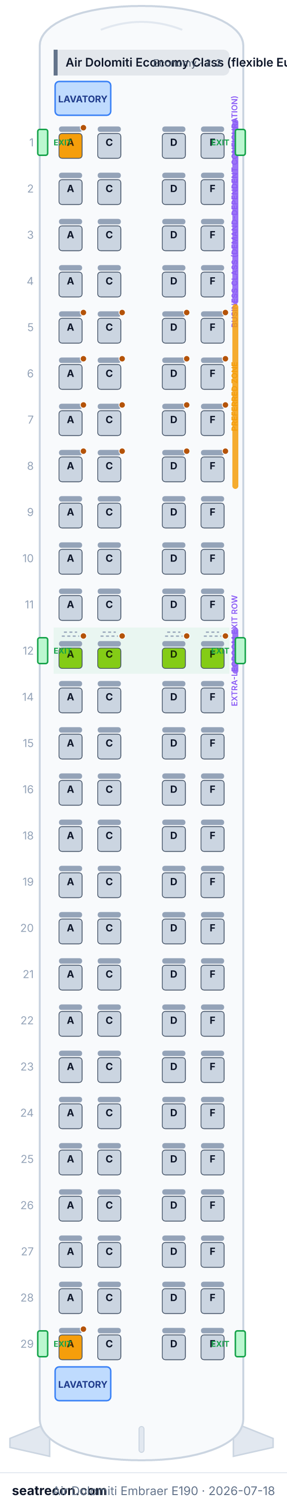 Air Dolomiti Embraer E190 seat map diagram — Air Dolomiti Economy Class (flexible Eurocabin) (108 seats)