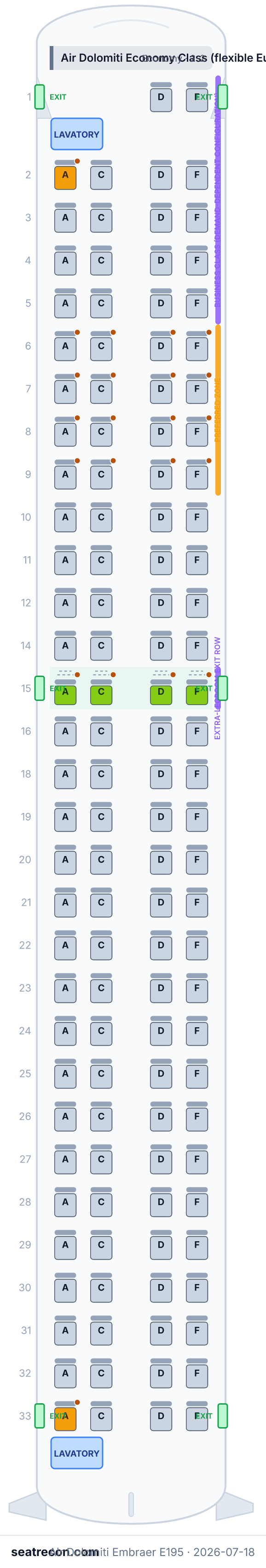 Air Dolomiti Embraer E195 seat map diagram — Air Dolomiti Economy Class (flexible Eurocabin) (122 seats)