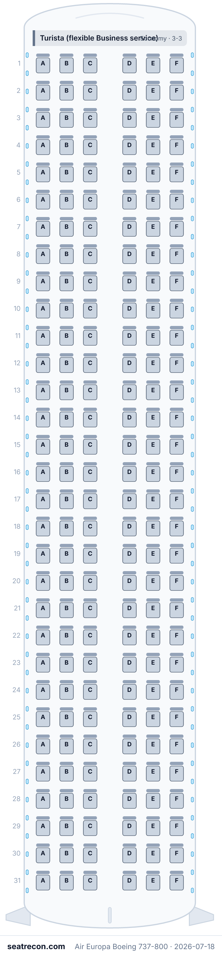 Air Europa Boeing 737-800 seat map diagram — Turista (flexible Business service) (186 seats)