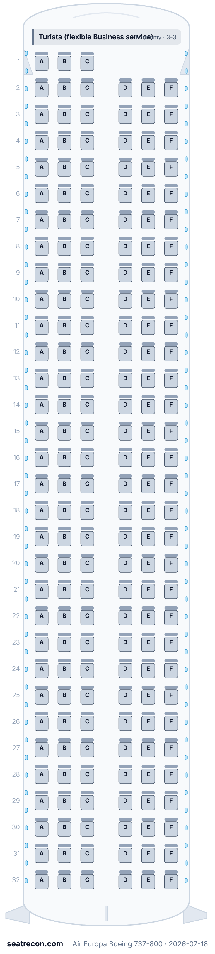 Air Europa Boeing 737-800 seat map diagram — Turista (flexible Business service) (189 seats)