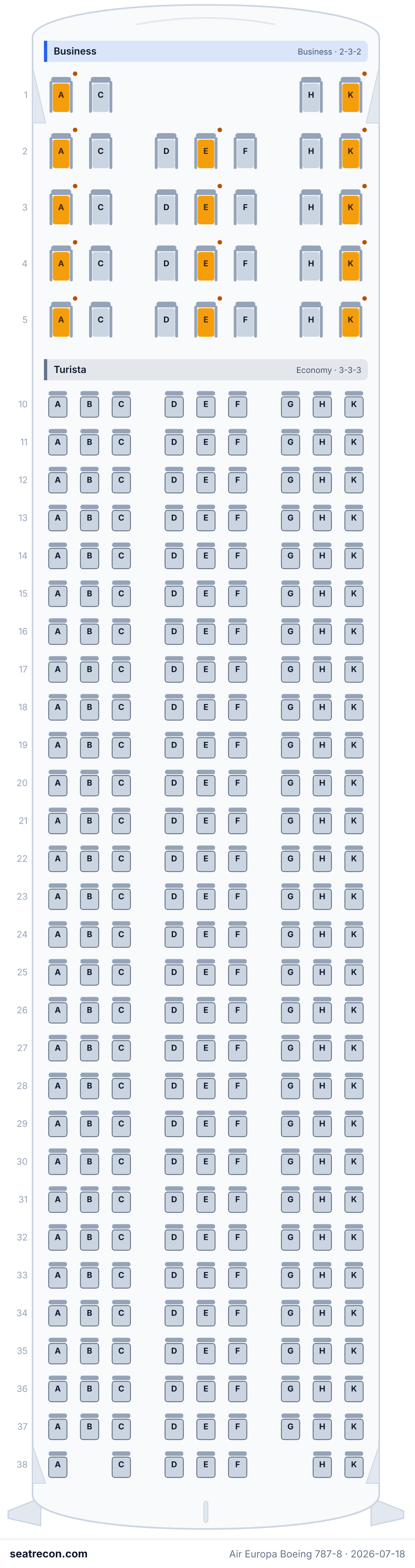 Air Europa Boeing 787-8 seat map diagram — Business, Turista (291 seats)