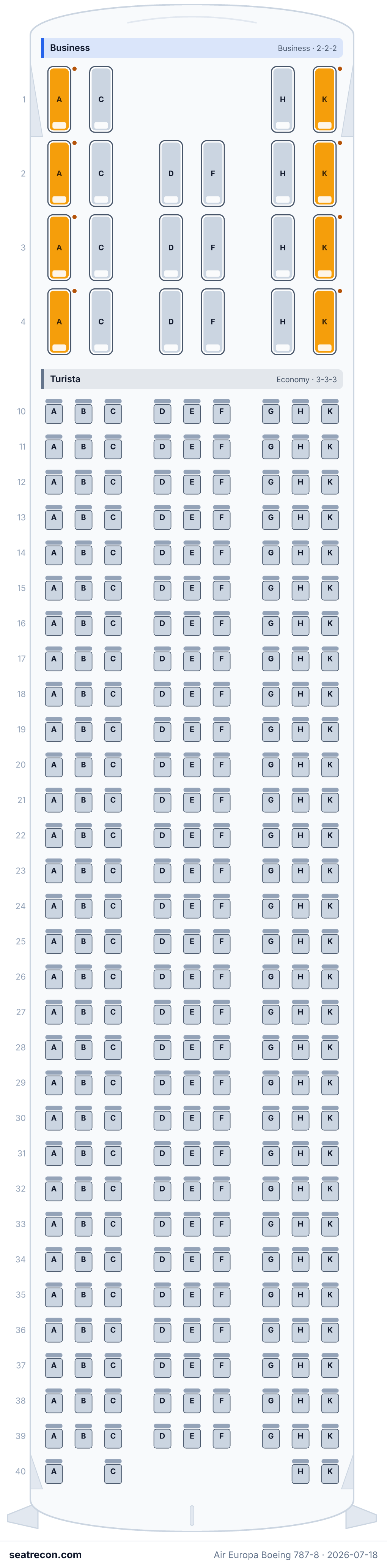 Air Europa Boeing 787-8 seat map diagram — Business, Turista (296 seats)