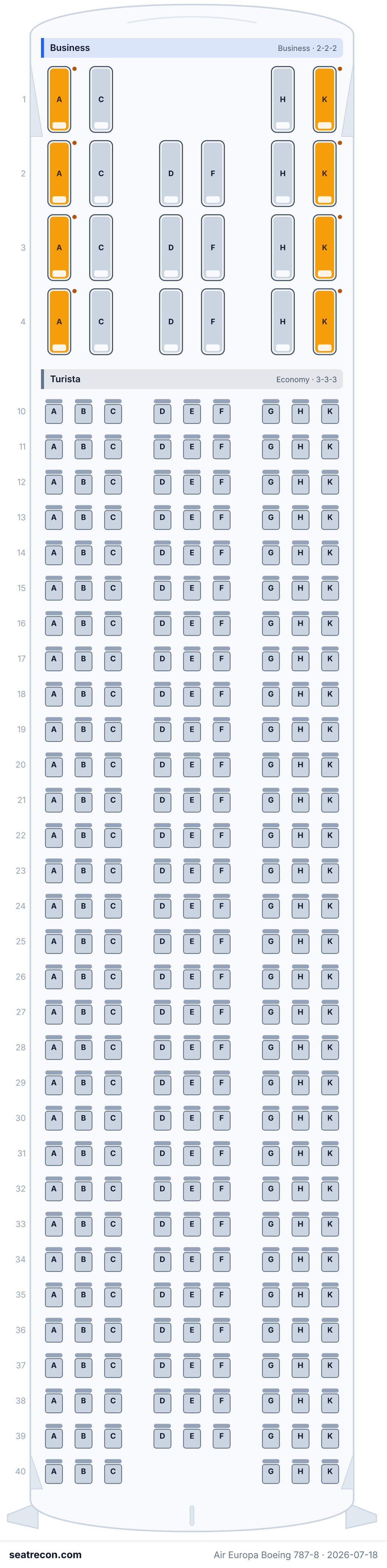 Air Europa Boeing 787-8 seat map diagram — Business, Turista (298 seats)