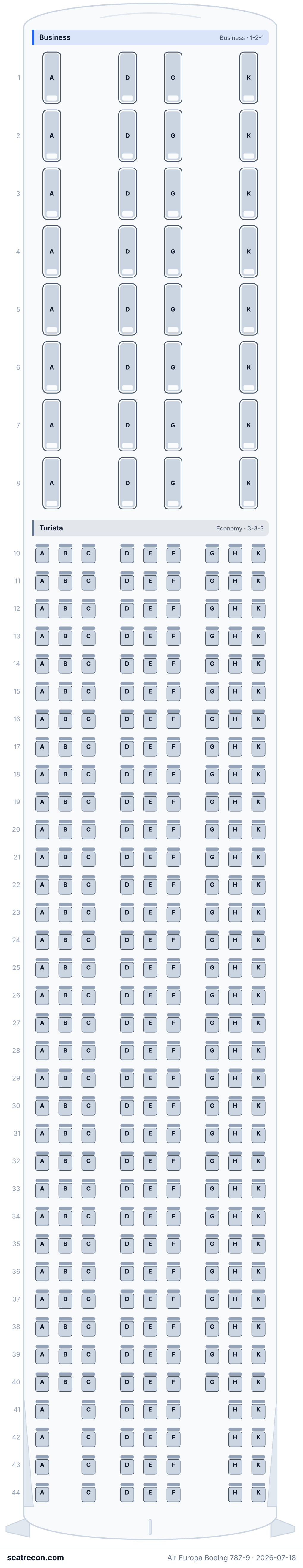 Air Europa Boeing 787-9 seat map diagram — Business, Turista (339 seats)
