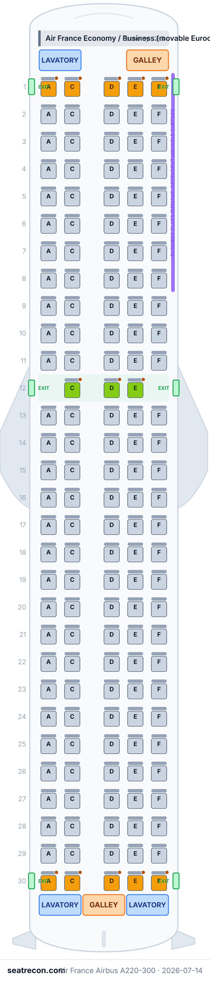 Air France Airbus A220-300 seat map diagram — Air France Economy / Business (movable Eurocabin curtain) (148 seats)