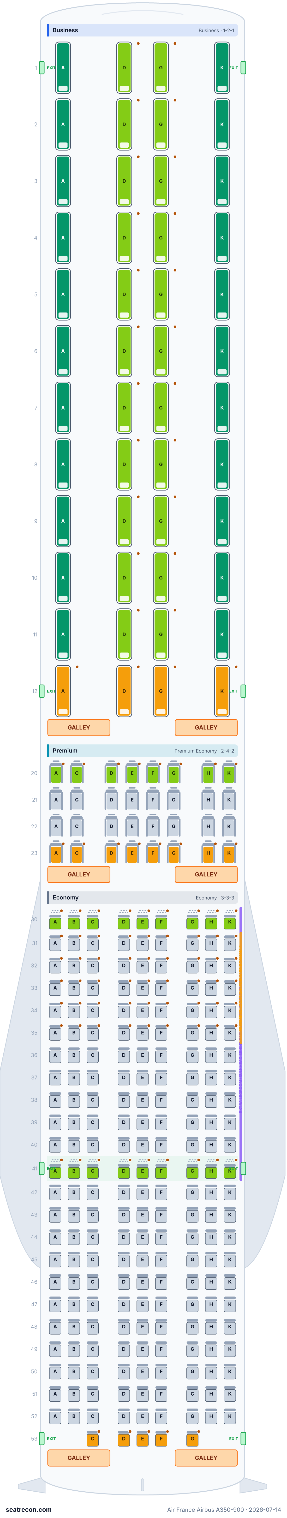 Air France Airbus A350-900 seat map diagram — Business, Premium, Economy (292 seats)