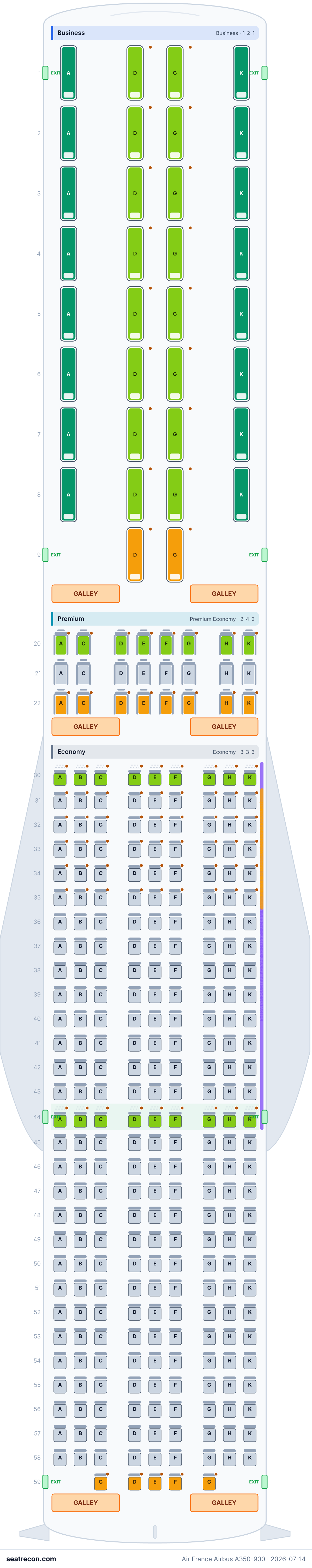 Air France Airbus A350-900 seat map diagram — Business, Premium, Economy (324 seats)