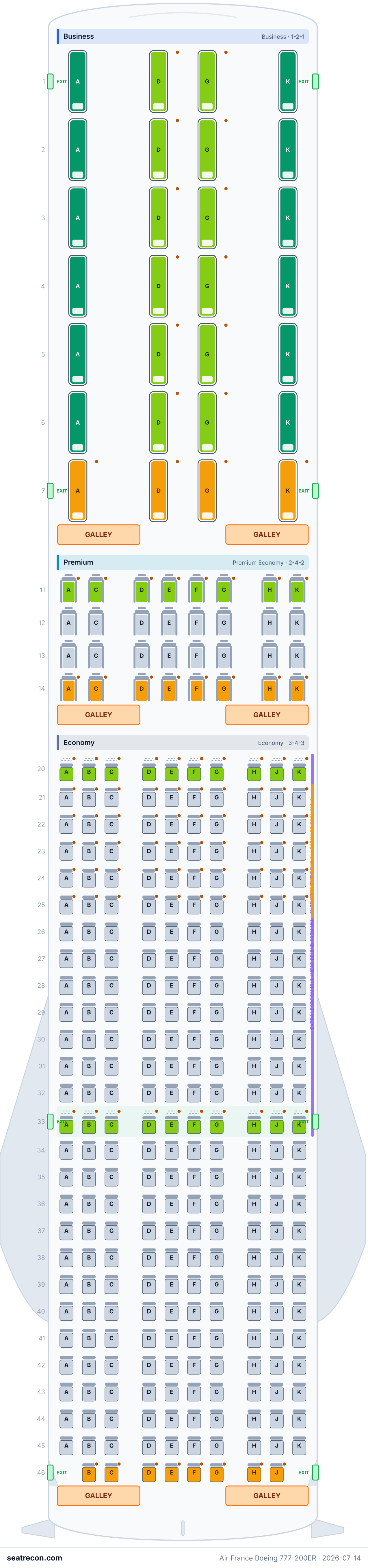 Air France Boeing 777-200ER seat map diagram — Business, Premium, Economy (328 seats)