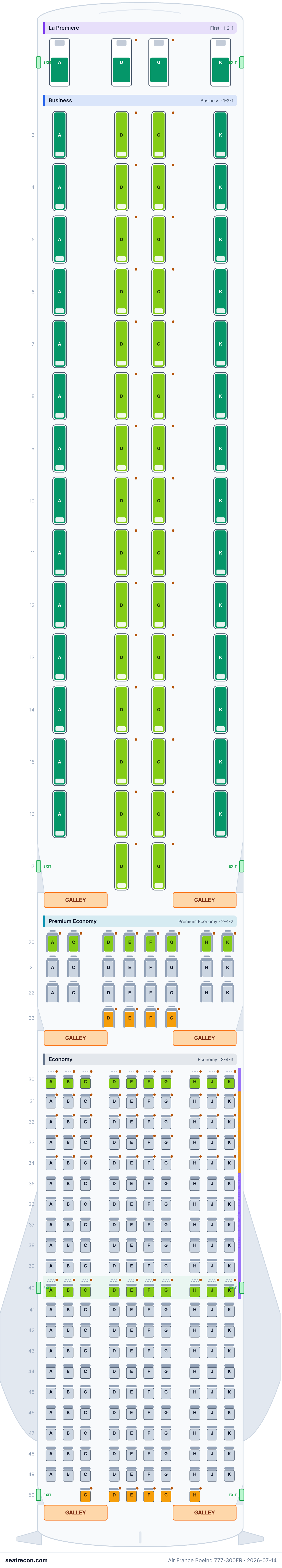 Air France Boeing 777-300ER seat map diagram — La Premiere, Business, Premium Economy, Economy (296 seats)