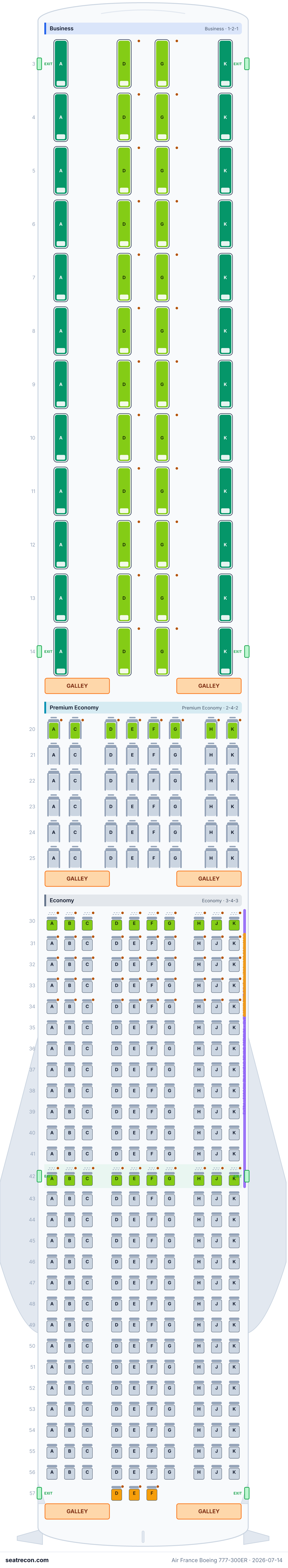 Air France Boeing 777-300ER seat map diagram — Business, Premium Economy, Economy (369 seats)