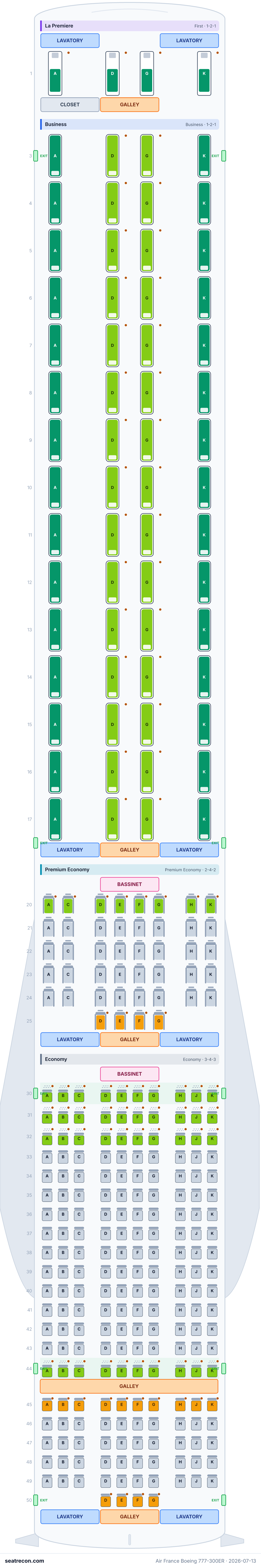 Air France Boeing 777-300ER seat map diagram — La Premiere, Business, Premium Economy, Economy (312 seats)