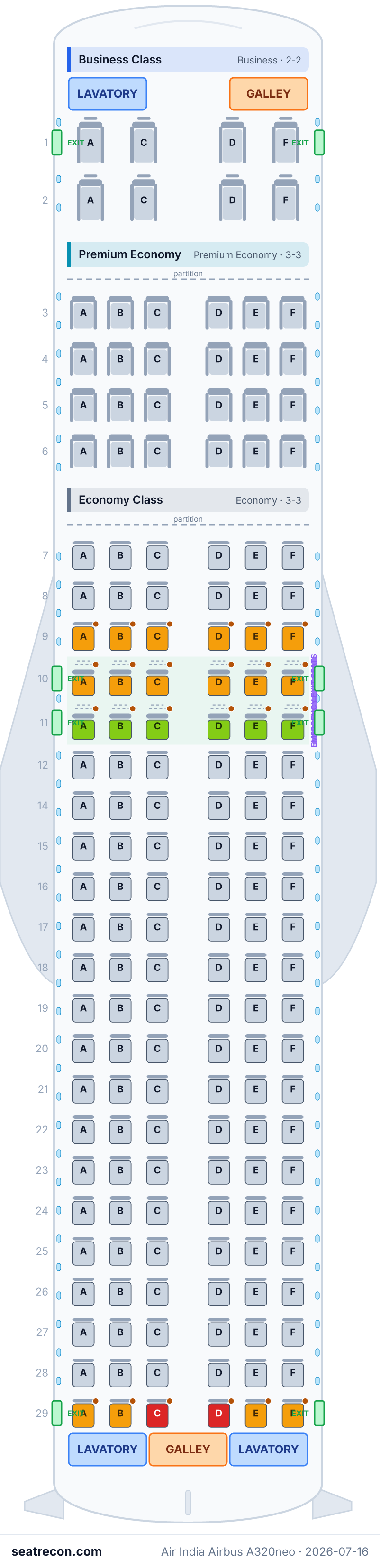 Air India Airbus A320neo seat map diagram — Business Class, Premium Economy, Economy Class (164 seats)
