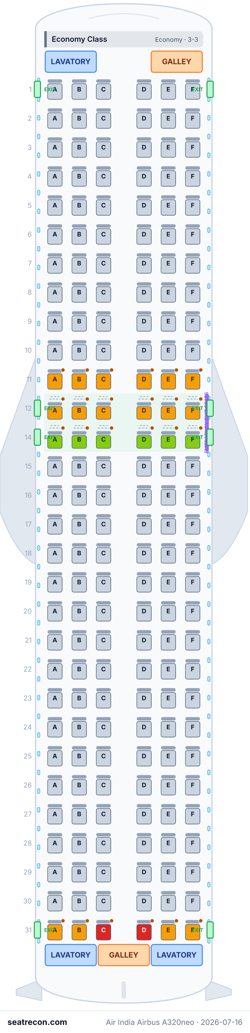 Air India Airbus A320neo seat map diagram — Economy Class (180 seats)