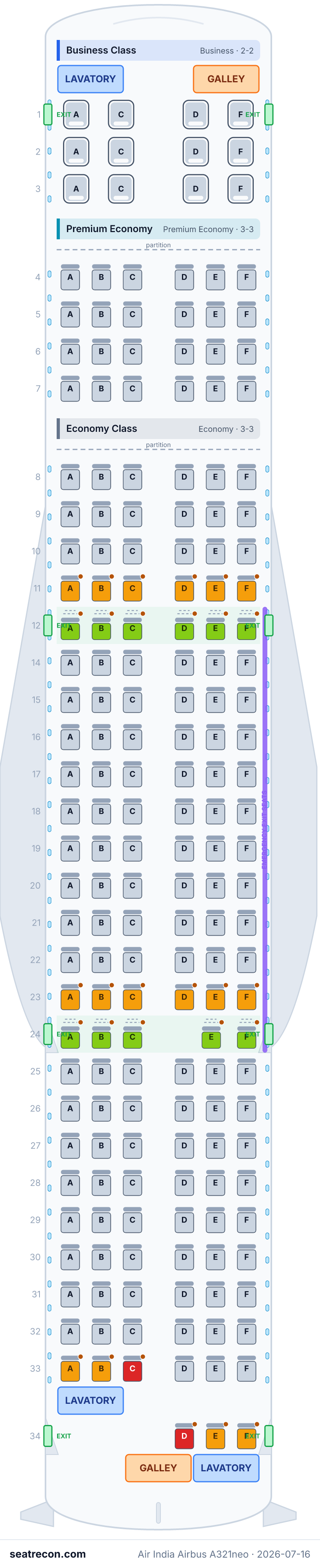 Air India Airbus A321neo seat map diagram — Business Class, Premium Economy, Economy Class (188 seats)