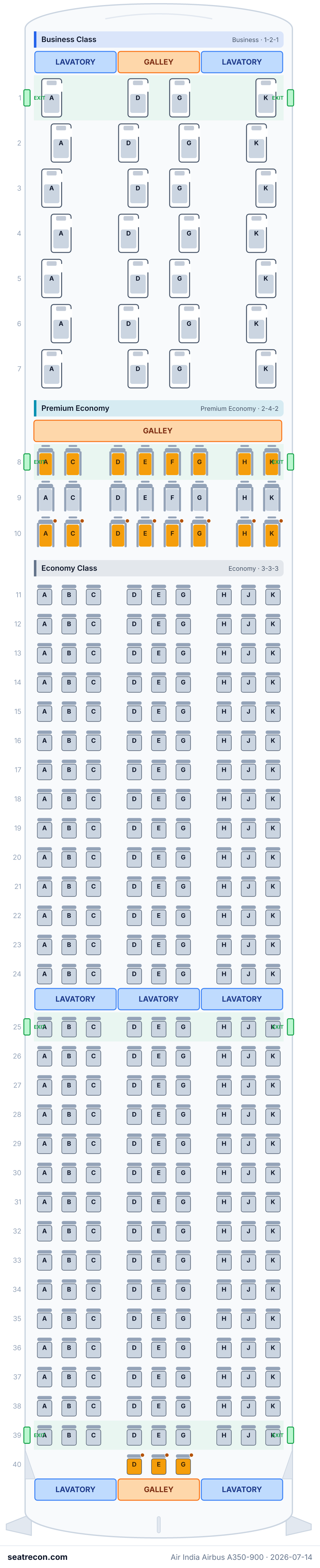 Air India Airbus A350-900 seat map diagram — Business Class, Premium Economy, Economy Class (316 seats)