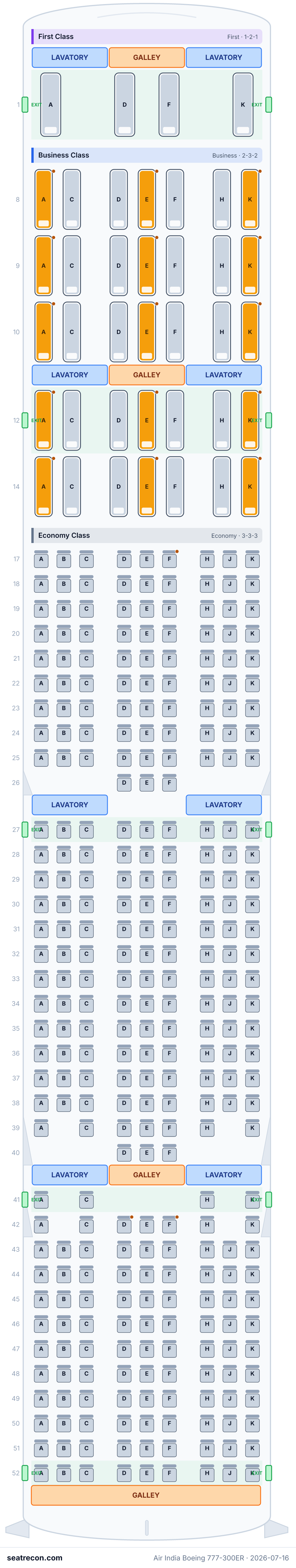 Air India Boeing 777-300ER seat map diagram — First Class, Business Class, Economy Class (342 seats)