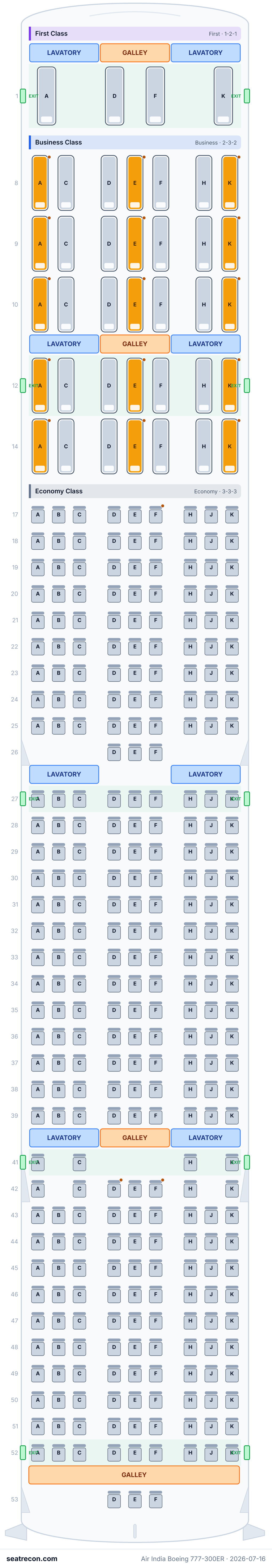 Air India Boeing 777-300ER seat map diagram — First Class, Business Class, Economy Class (344 seats)