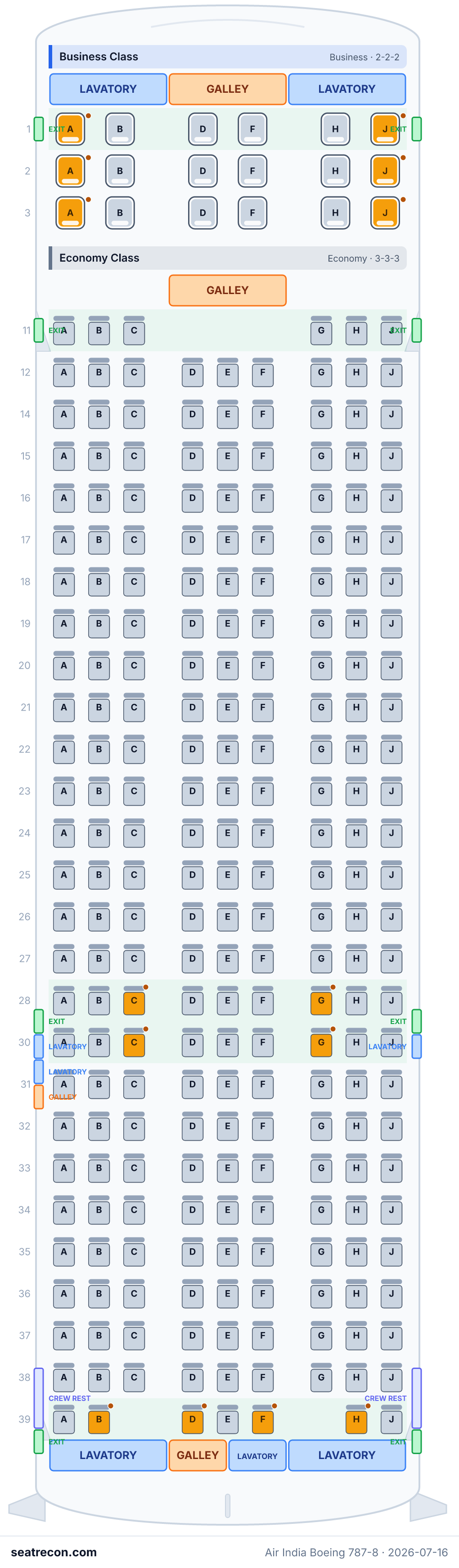 Air India Boeing 787-8 seat map diagram — Business Class, Economy Class (256 seats)