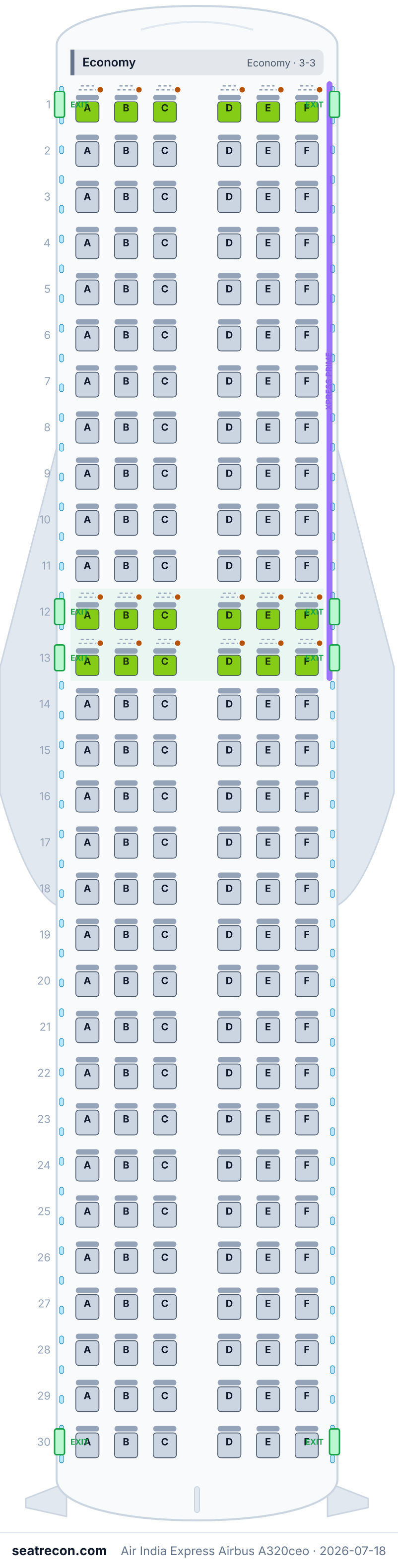 Air India Express Airbus A320ceo seat map diagram — Economy (180 seats)
