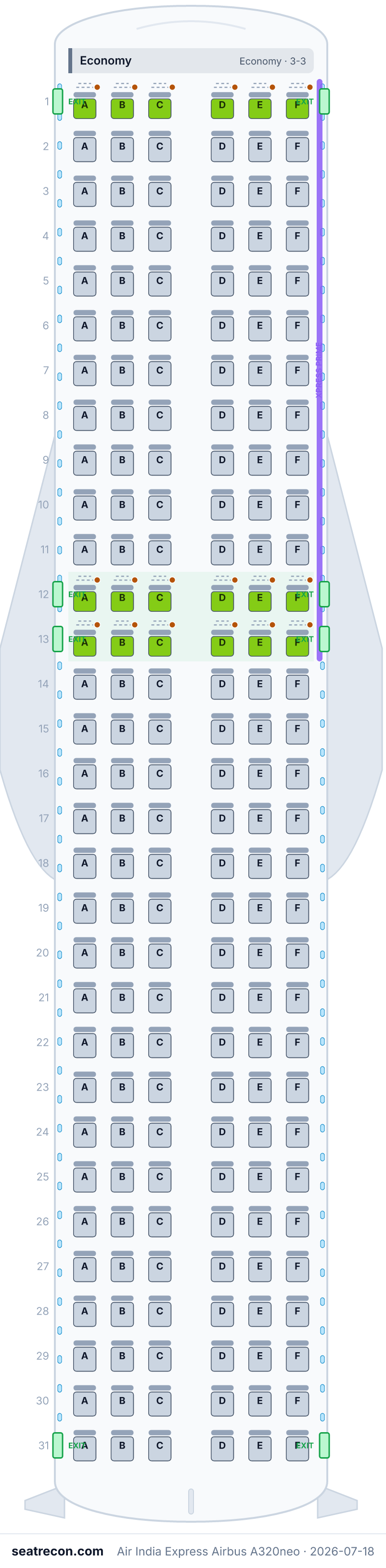 Air India Express Airbus A320neo seat map diagram — Economy (186 seats)