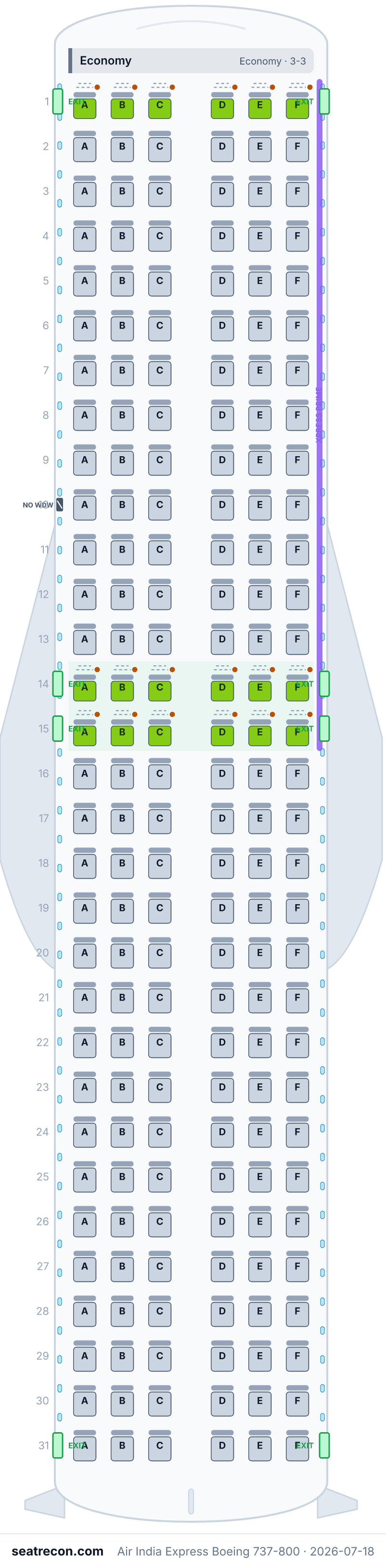 Air India Express Boeing 737-800 seat map diagram — Economy (186 seats)