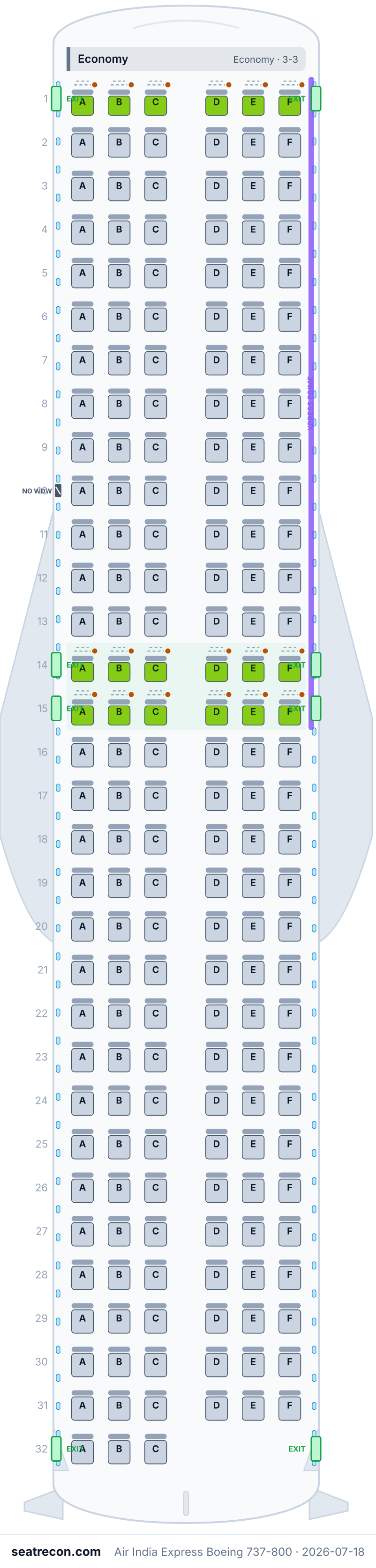 Air India Express Boeing 737-800 seat map diagram — Economy (189 seats)