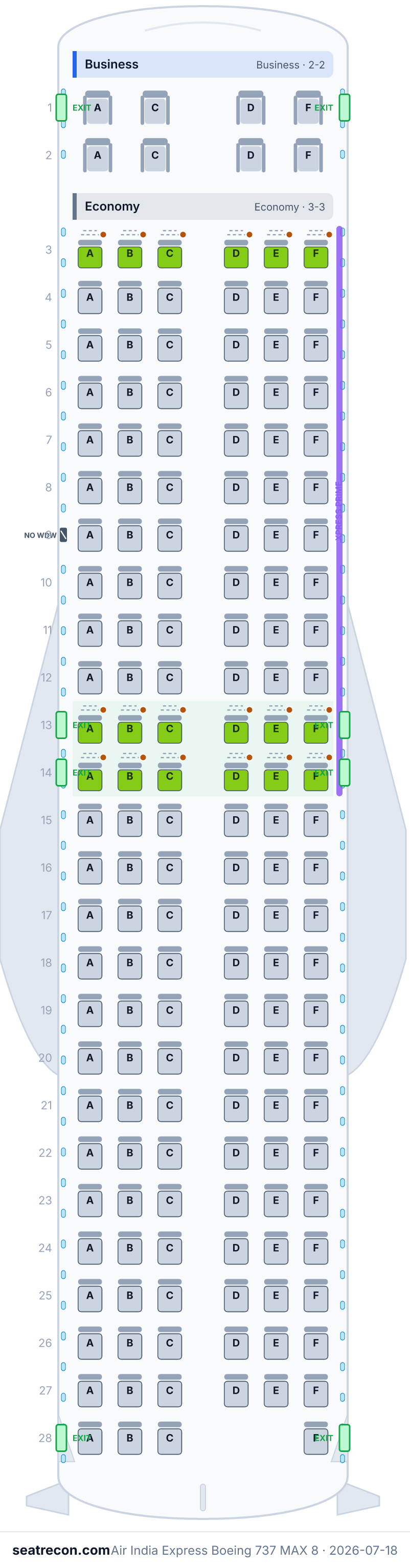 Air India Express Boeing 737 MAX 8 seat map diagram — Business, Economy (162 seats)