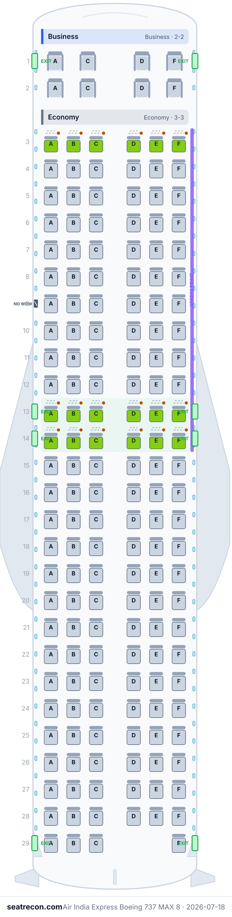 Air India Express Boeing 737 MAX 8 seat map diagram — Business, Economy (168 seats)