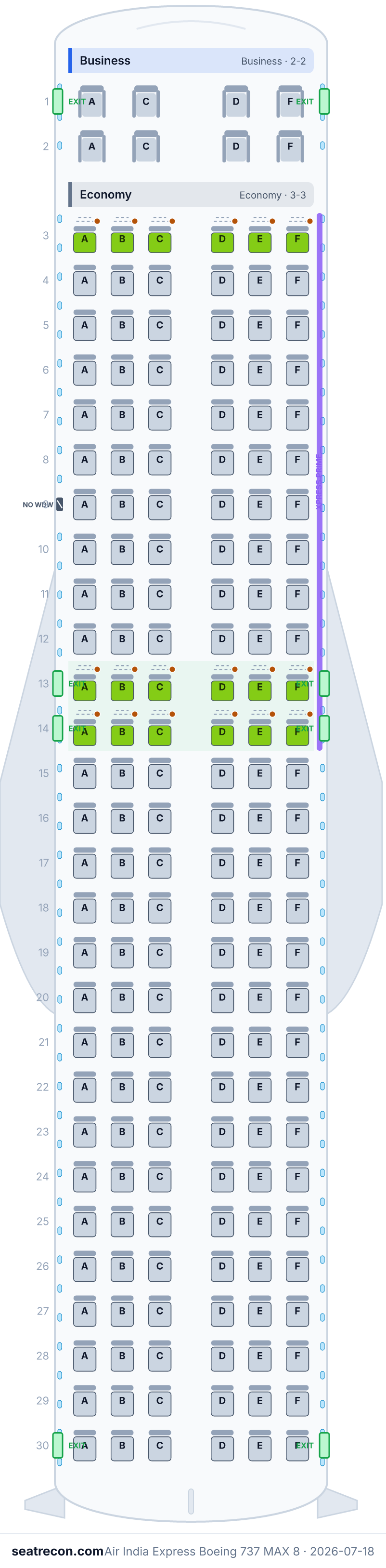 Air India Express Boeing 737 MAX 8 seat map diagram — Business, Economy (176 seats)