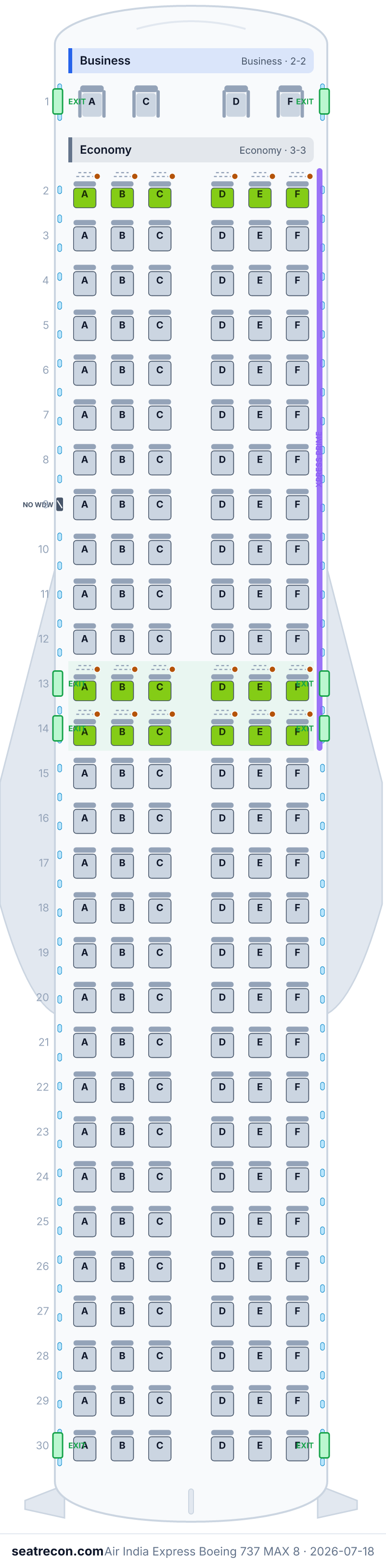 Air India Express Boeing 737 MAX 8 seat map diagram — Business, Economy (178 seats)