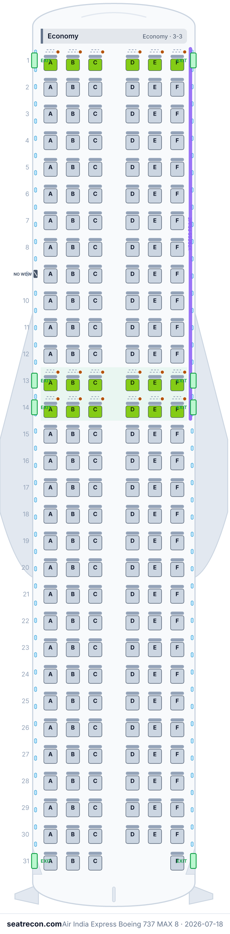 Air India Express Boeing 737 MAX 8 seat map diagram — Economy (184 seats)
