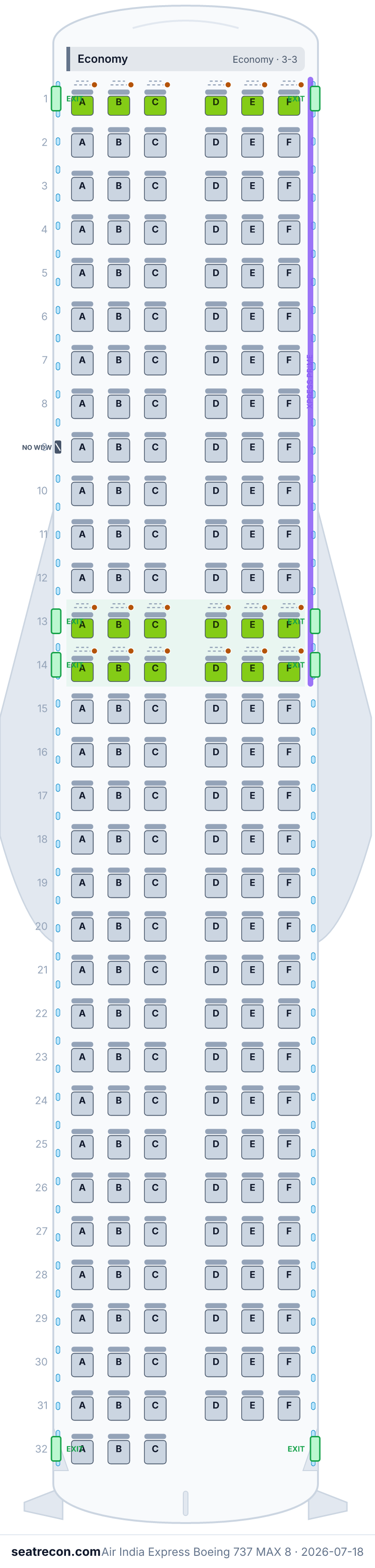 Air India Express Boeing 737 MAX 8 seat map diagram — Economy (189 seats)