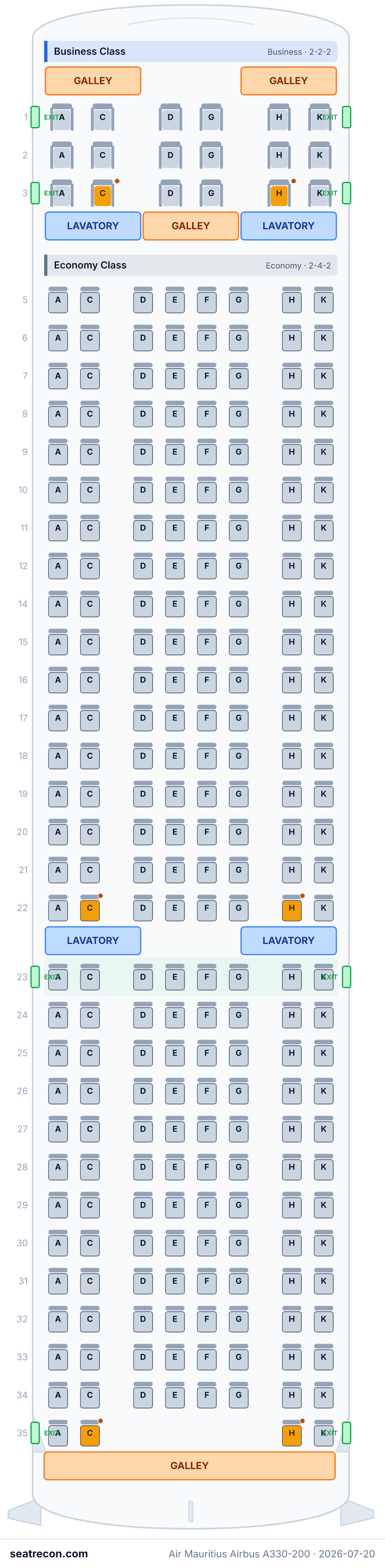 Air Mauritius Airbus A330-200 seat map (18J/236Y)