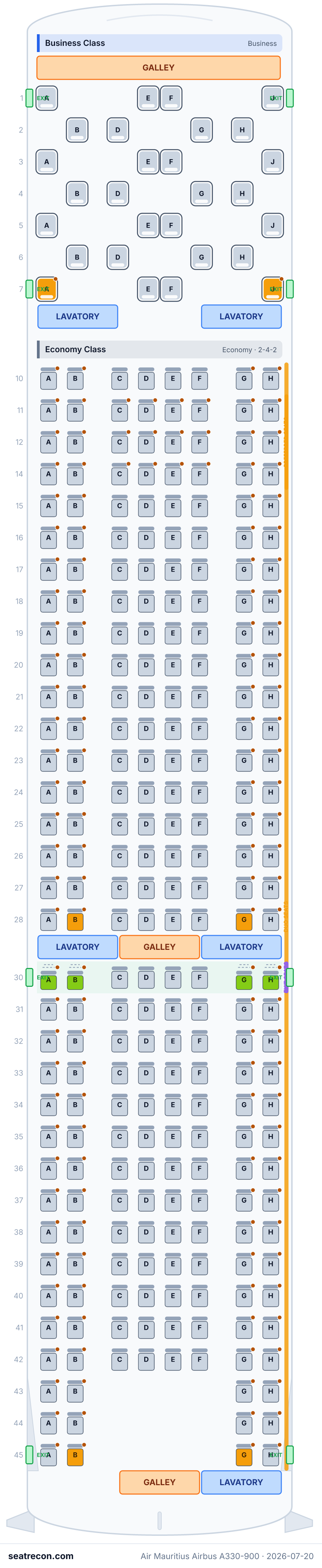 Air Mauritius Airbus A330-900 seat map (28J/4N/256Y)
