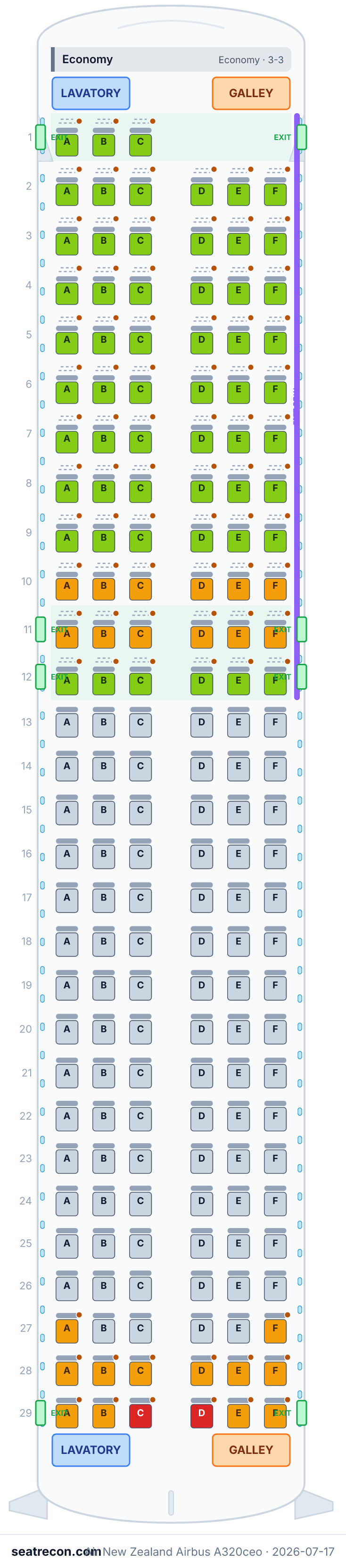 Air New Zealand Airbus A320ceo seat map diagram — Economy (171 seats)
