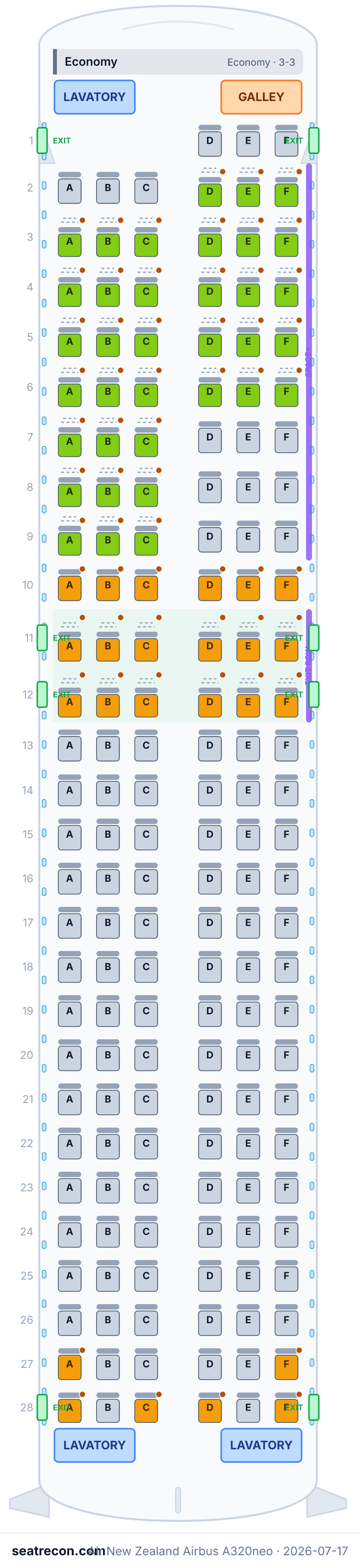 Air New Zealand Airbus A320neo seat map diagram — Economy (165 seats)