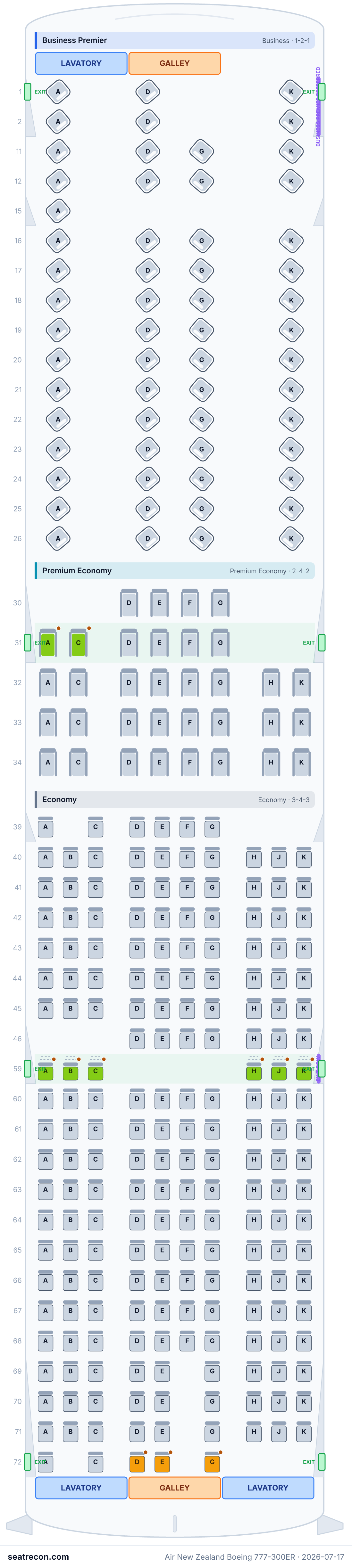 Air New Zealand Boeing 777-300ER seat map diagram — Business Premier, Premium Economy, Economy (294 seats)