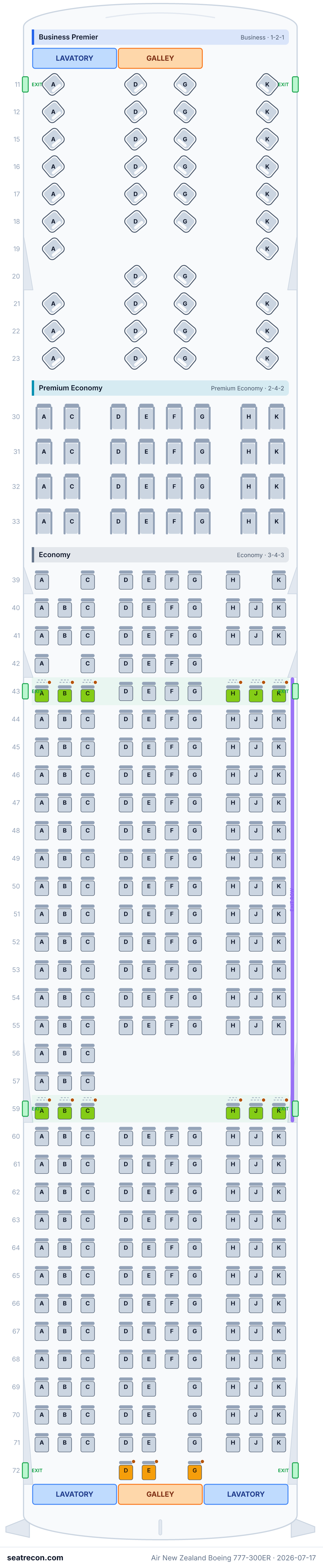 Air New Zealand Boeing 777-300ER seat map diagram — Business Premier, Premium Economy, Economy (368 seats)
