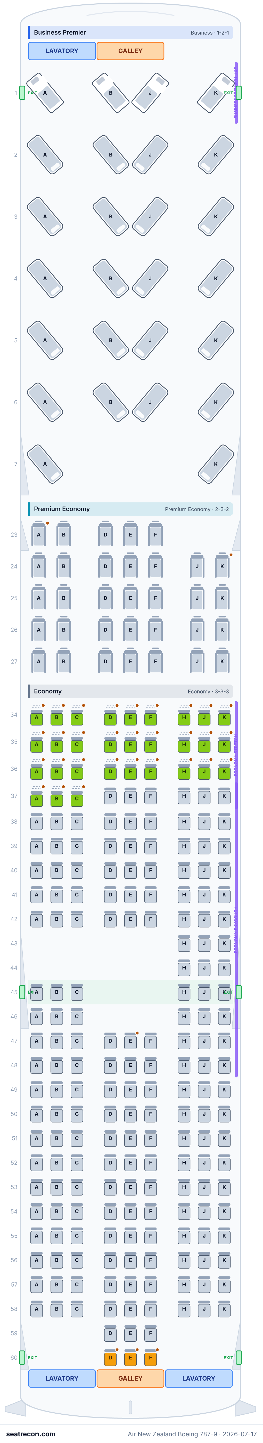 Air New Zealand Boeing 787-9 seat map diagram — Business Premier, Premium Economy, Economy (272 seats)