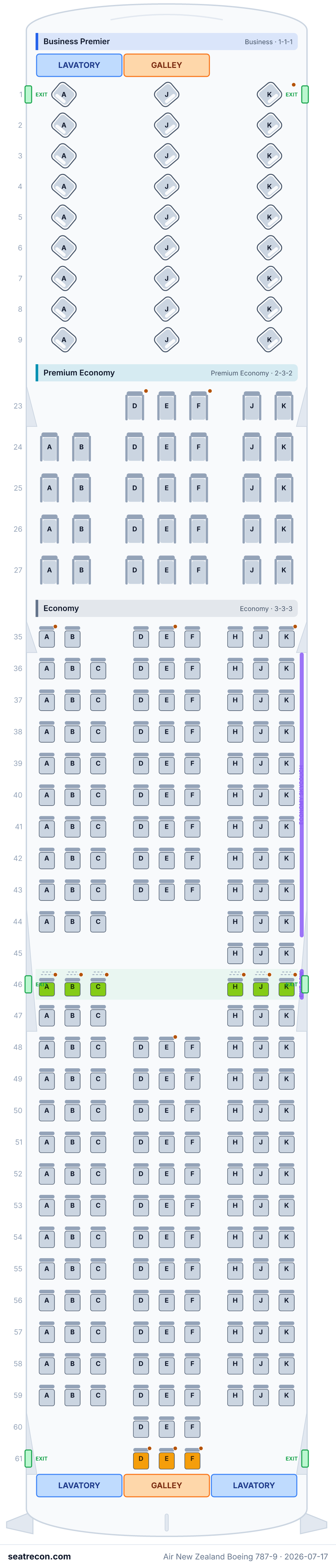 Air New Zealand Boeing 787-9 seat map diagram — Business Premier, Premium Economy, Economy (275 seats)
