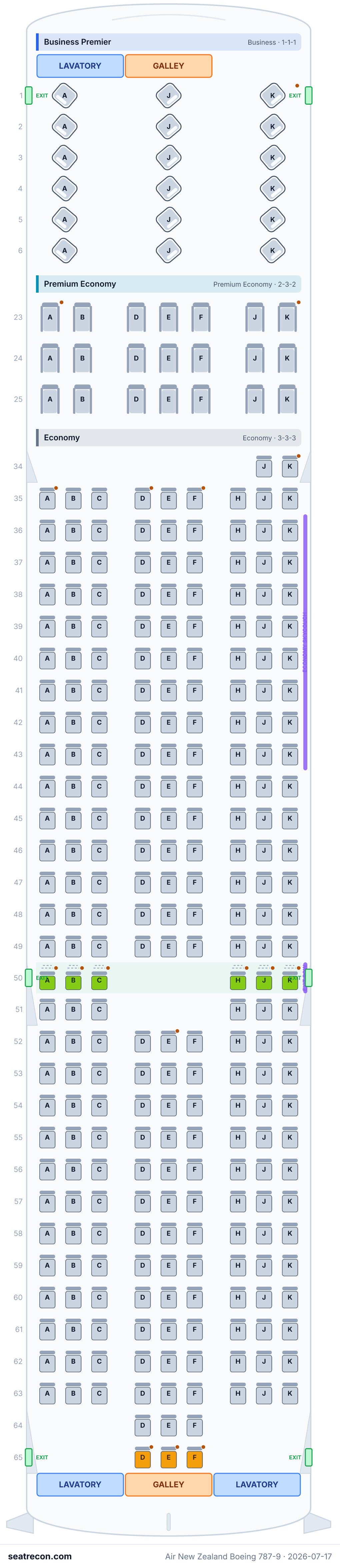 Air New Zealand Boeing 787-9 seat map diagram — Business Premier, Premium Economy, Economy (302 seats)