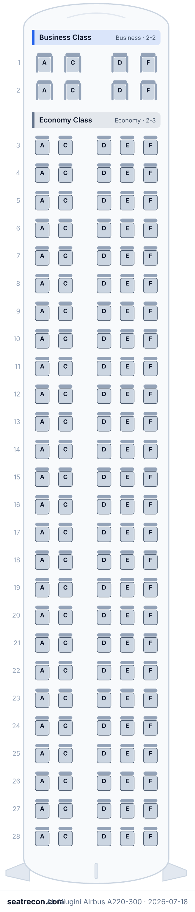 Air Niugini Airbus A220-300 seat map diagram — Business Class, Economy Class (138 seats)