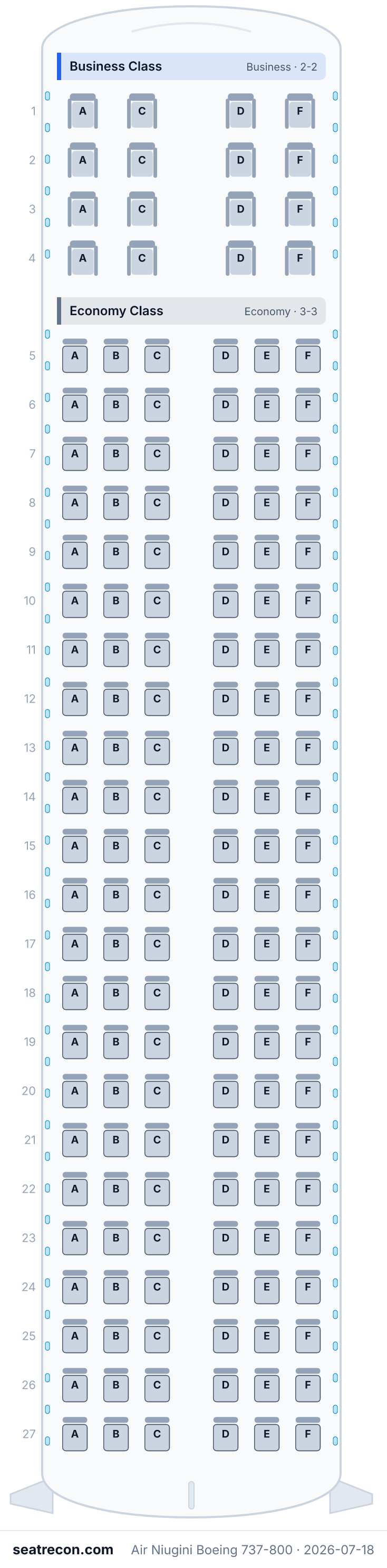 Air Niugini Boeing 737-800 seat map diagram — Business Class, Economy Class (154 seats)