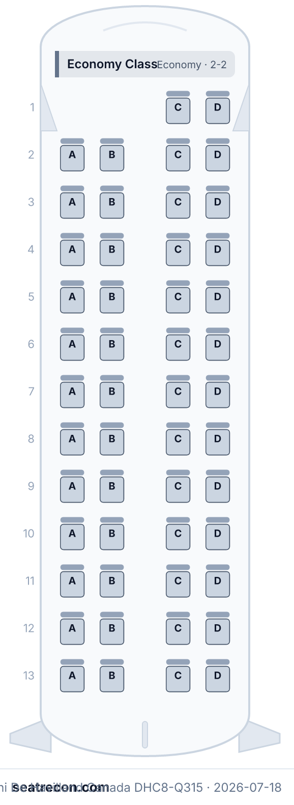 Air Niugini De Havilland Canada DHC8-Q315 seat map diagram — Economy Class (50 seats)