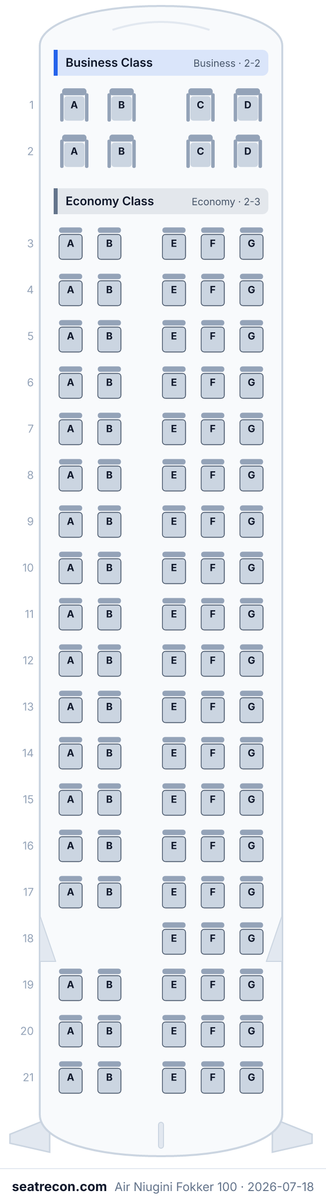 Air Niugini Fokker 100 seat map diagram — Business Class, Economy Class (101 seats)