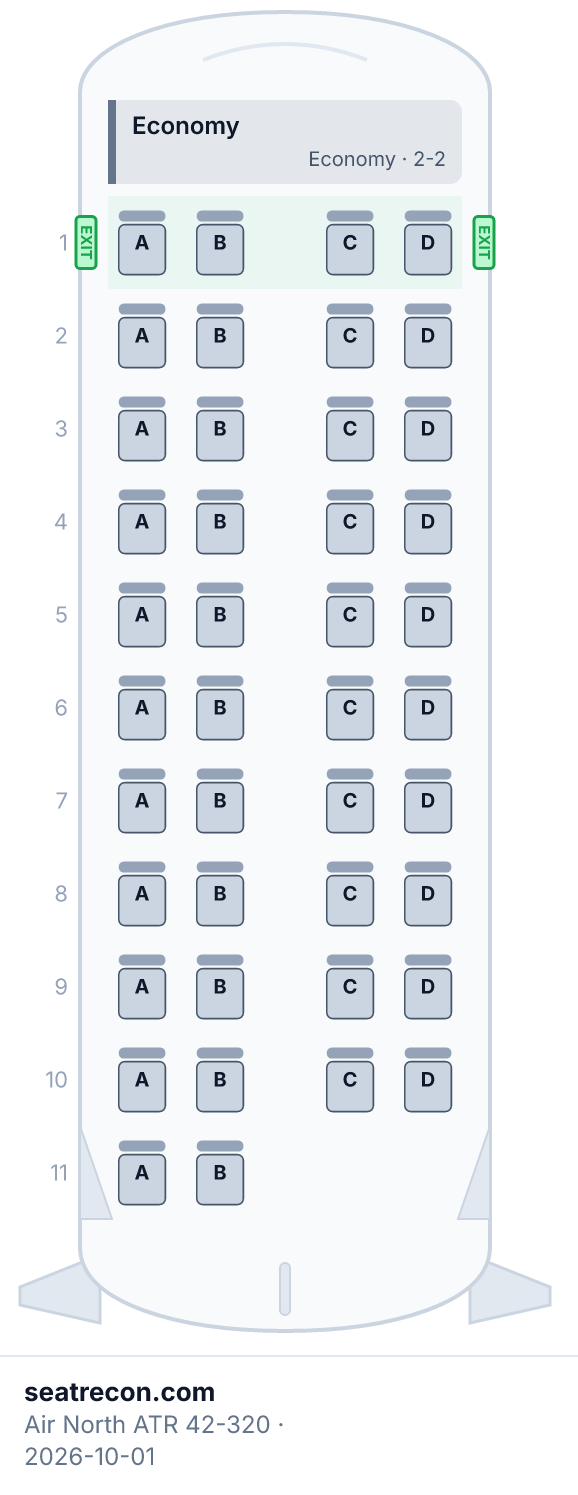 Air North ATR 42-320 seat map diagram — Economy (42 seats)