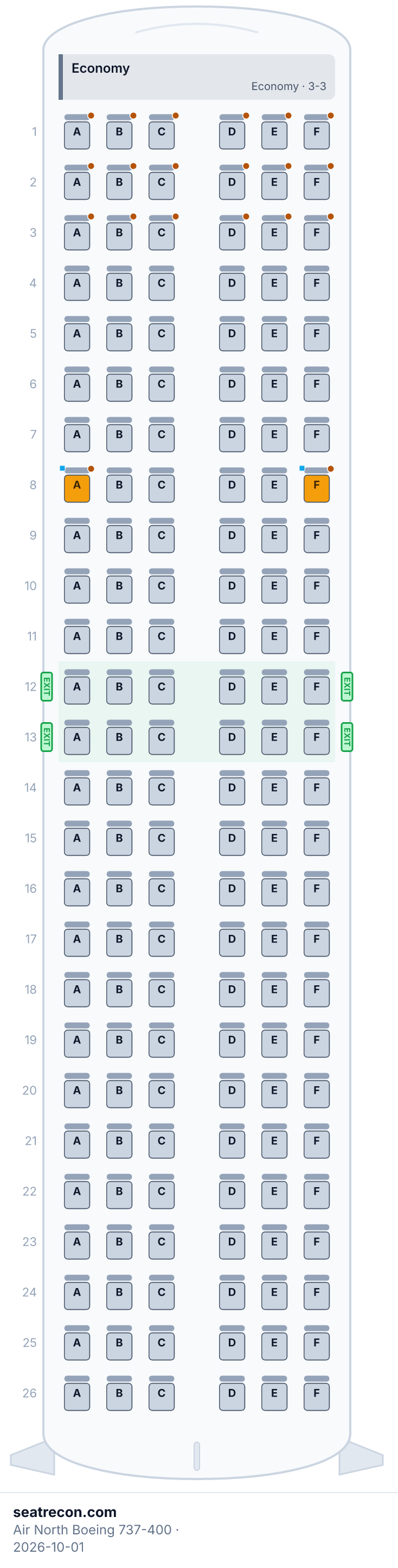 Air North Boeing 737-400 seat map diagram — Economy (156 seats)